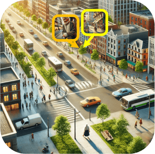 Illustration focusing on an elderly man with a walking stick walking along a pavement. Wide shot: a busy urban crossroads with numerous pedestrians walking and cars driving by.