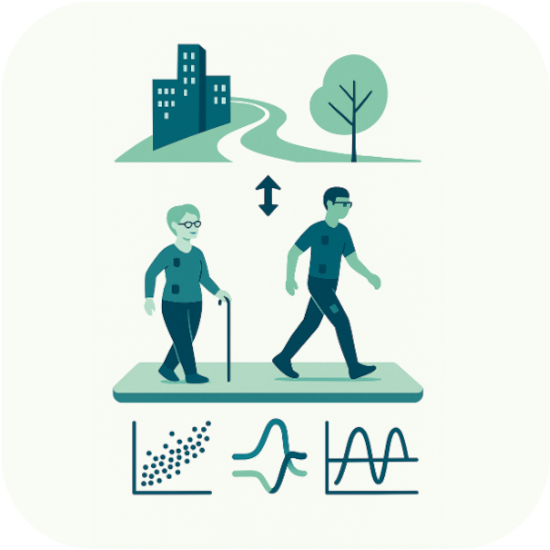 Illustration depicting an urban landscape and two people with different body types moving around. A double arrow indicates a reciprocal link between urban morphology and walking dynamics.