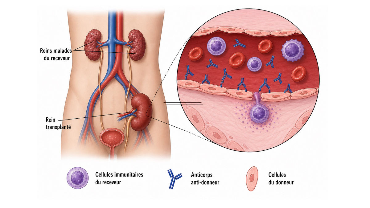 Illustration représentant à gauche les 2 reins malades du receveur et le rein transplanté. A droite zoom dans le rein transplanté : les anticorps anti-donneur produites par les cellules du donneur attaquent les cellules immunitaires du receveur 
