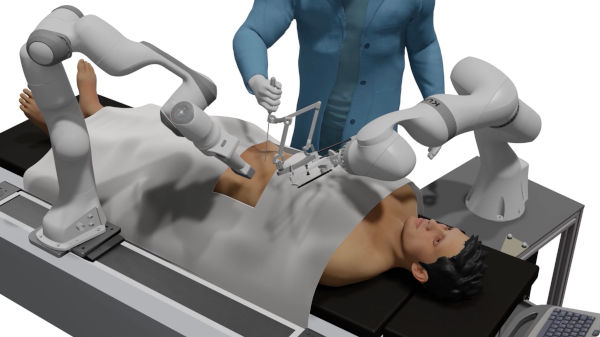 Computer-generated image: a man is on an operating table, a person is operating on him with the assistance of robots.